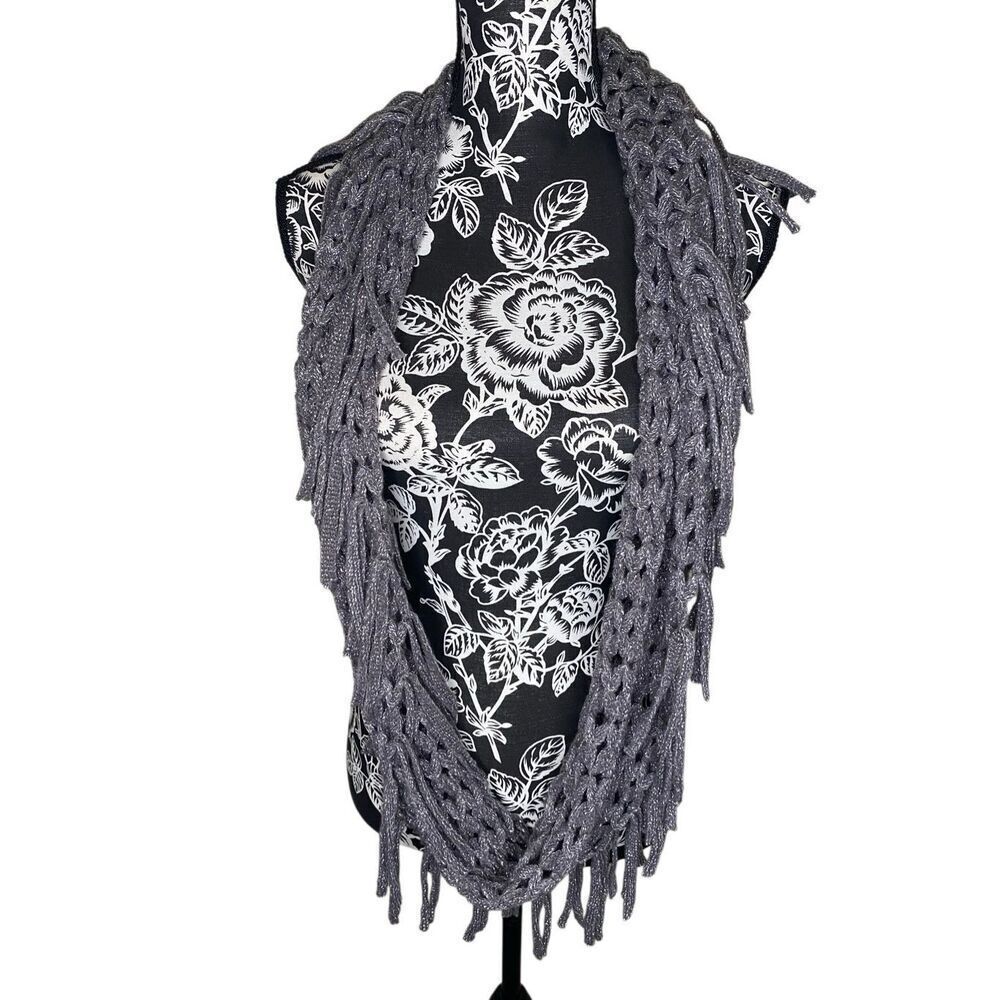 Black Rivet Gray Metallic Knit Fringe Infinity Scarf Boho Open Weave Wrap Winter